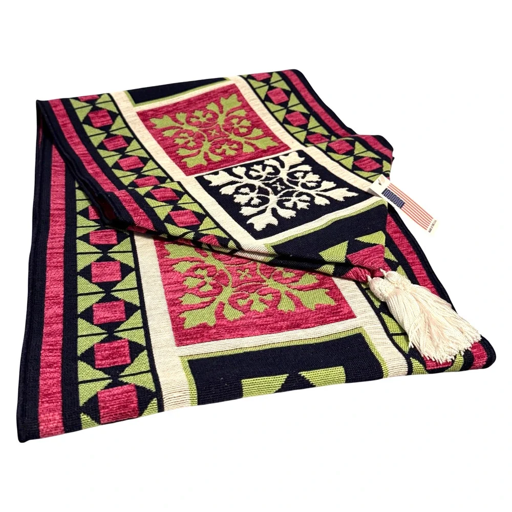 MCM Home Decor Table Runner Art Deco Black White Tapestry Made in USA 72